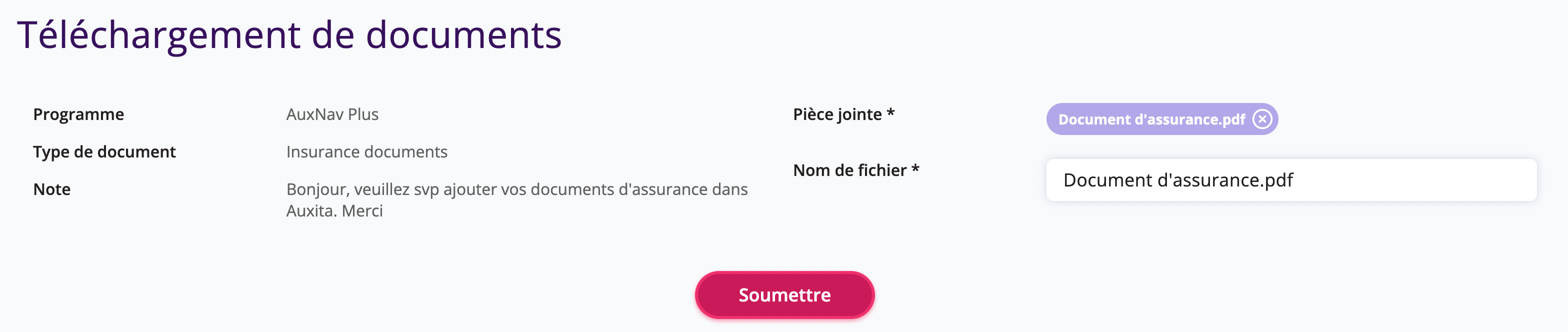 Capture d'écran de la page demandant de télécharger le document de demande et de le soumettre.