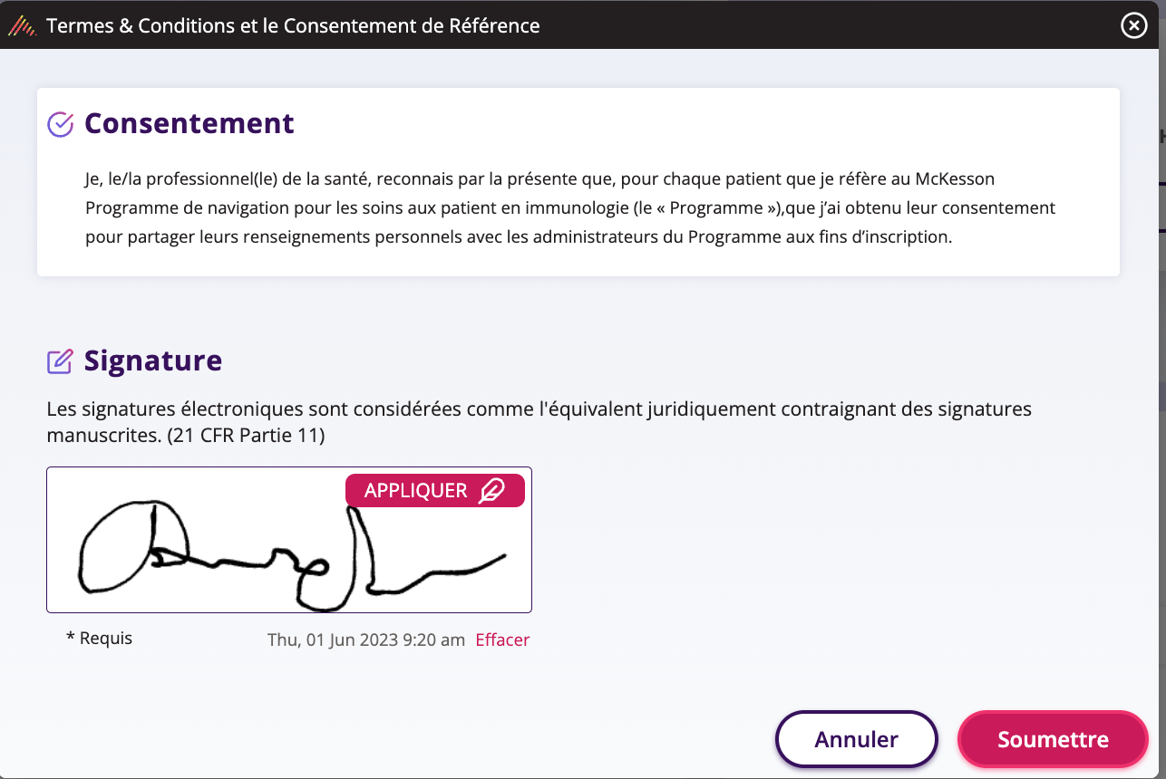  Aperçu des termes et conditions de consentement au référencement. L'utilisateur doit signer et soumettre.