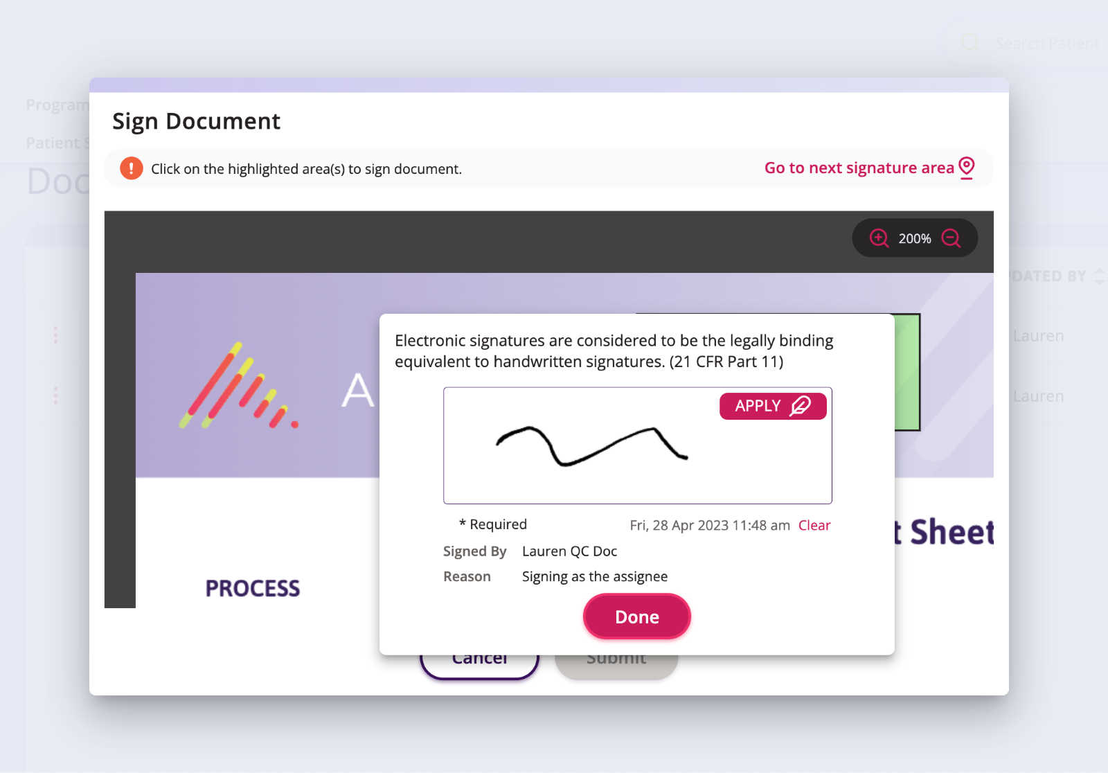 The electronic signature box with an apply button and done button to insert the signature onto the document. 