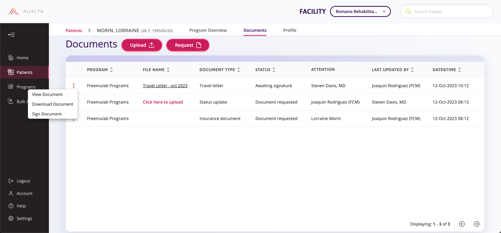 A screenshot of the patient profile showing documents