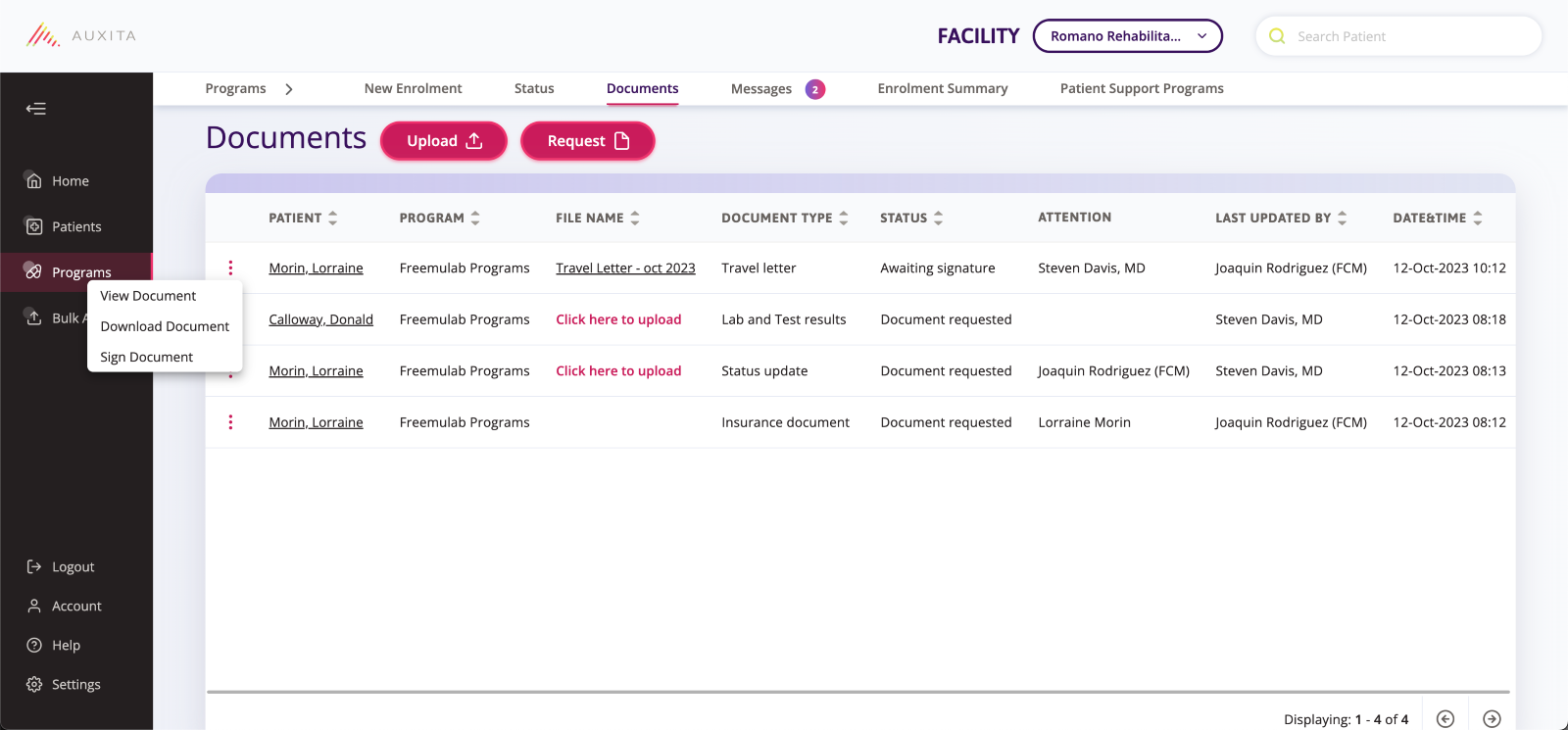 A screenshot of the programs page showing documents